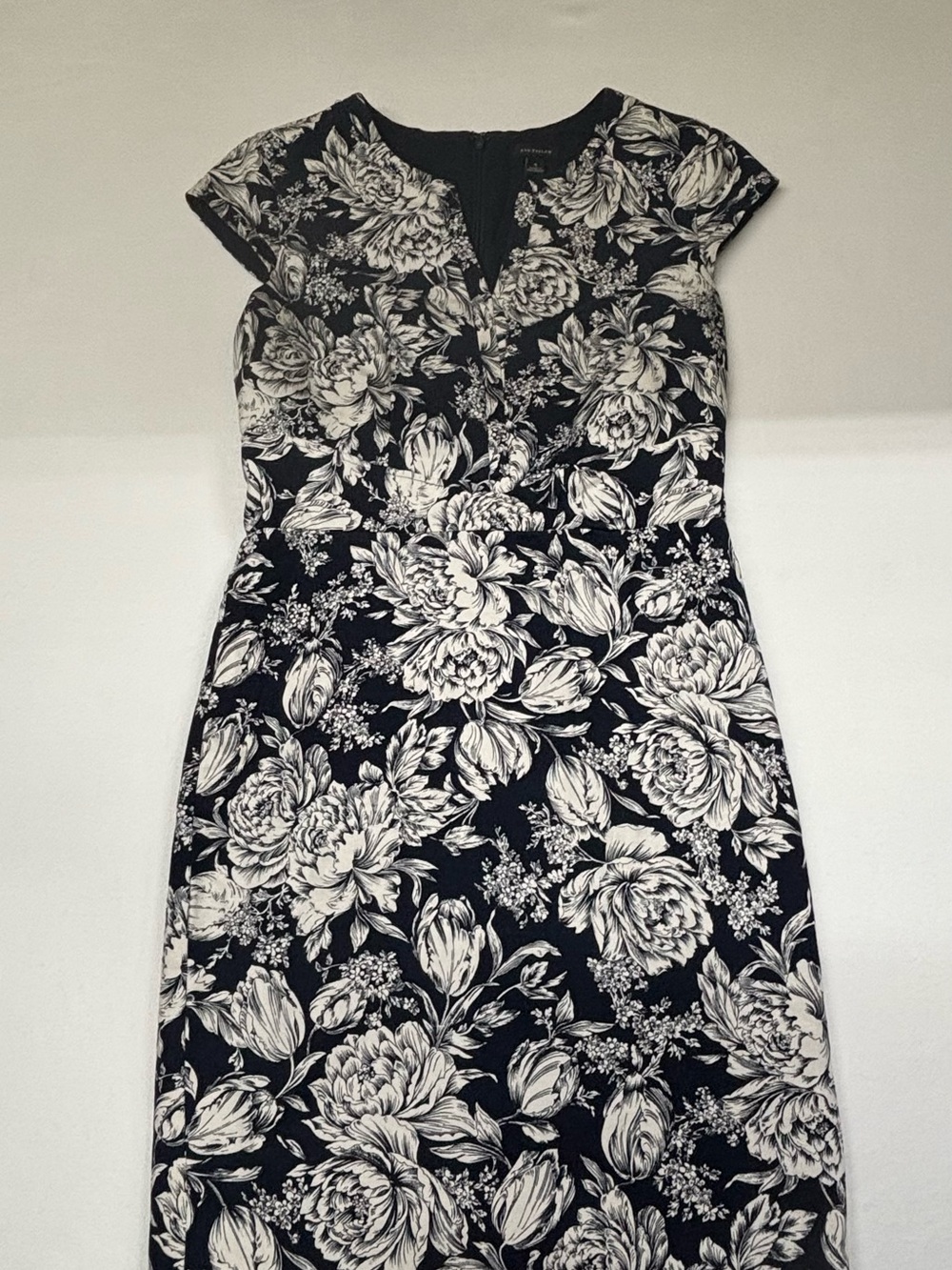 Ann Taylor Navy and White Floral Cap-Sleeve Midi Dress